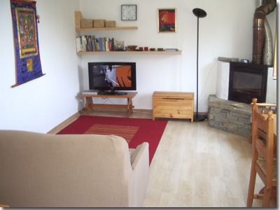 livigroom with sat TV fridge freezer,sofa and chairs
